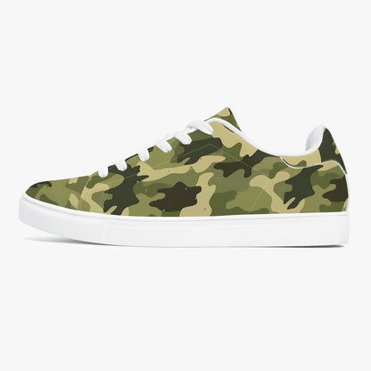 Sage Green Camo Vegan Leather Shoes, Camouflage Olive Men Women Sneakers White Black Low Top Lace Up Designer Casual