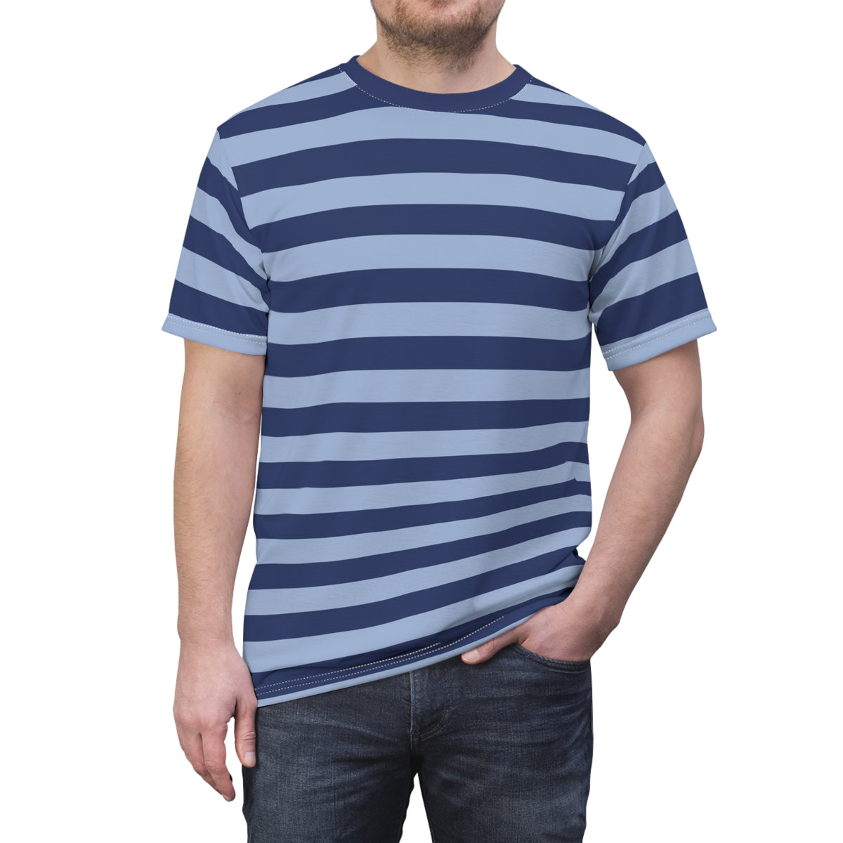 Dark and Light Blue Tshirt, Navy Striped Stripe Designer Graphic Lightweight Heavyweight Crewneck Men Women Tee Top Short Sleeve Shirt