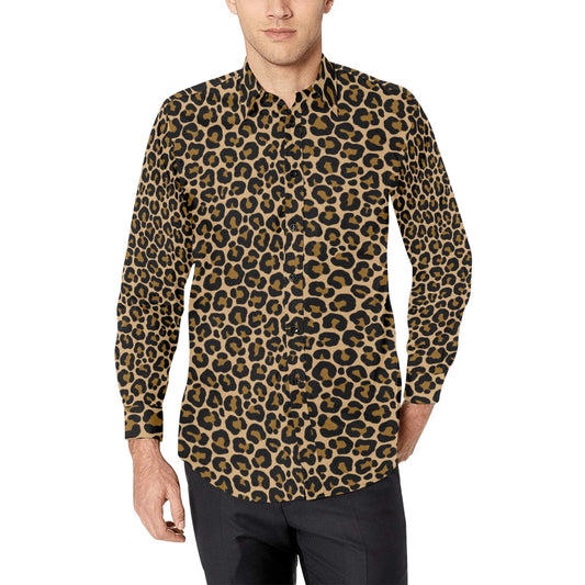 Leopard Men Button Up Shirt, Brown Long Sleeve Cheetah Animal Print Buttoned Down Collar Male Guys Casual Dress Shirt Chest Pocket