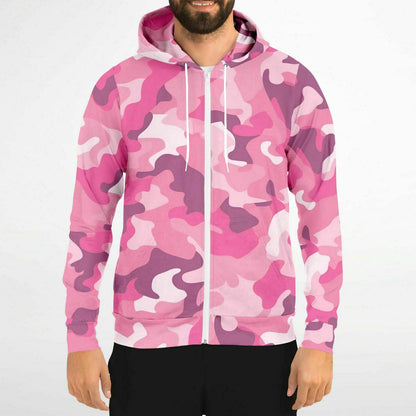 Pink Camo Zip Up Hoodie, Camouflage Full Zipper Pocket Men Women Unisex Adult Aesthetic Graphic Cotton Fleece Hooded Sweatshirt
