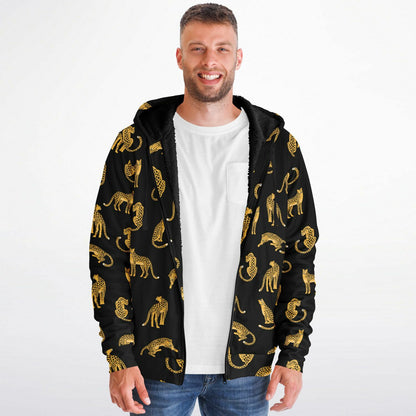 Leopard Zip Up Fleece Lined Hoodie, Animal Cheetah Print Heavyweight Full Zipper Pocket Men Women Unisex Graphic Hooded Sweatshirt Jacket