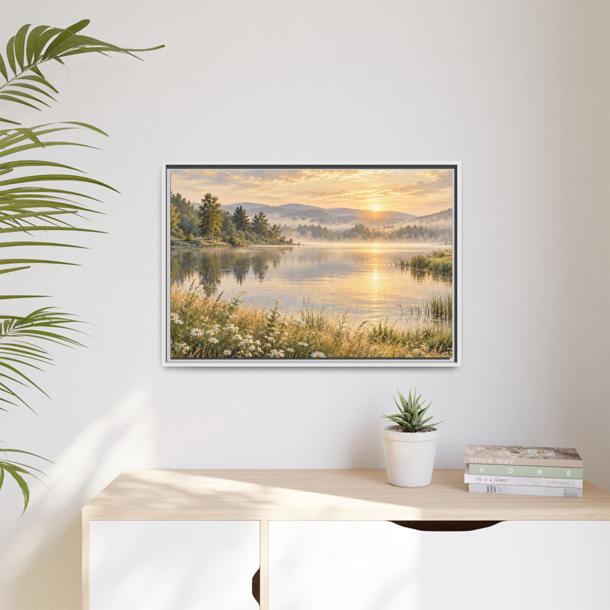 Misty Meadow Lake Wood Framed Canvas, Wildflower Farmhouse Wall Art Print Artwork Decor Small Large Hanging Matte Landscape Square Poster