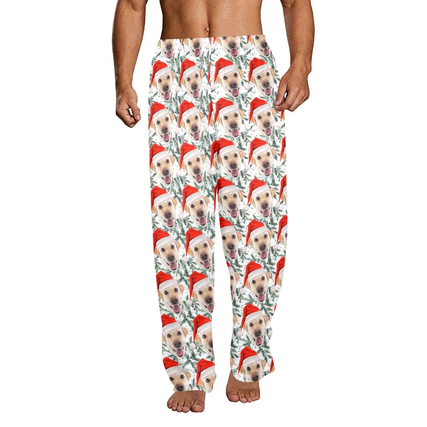Custom Dog Men Pajamas Pants, Santa Hat Christmas Holidays Personalized PJ Pet Cat Funny Pockets Trousers Guys Family Matching Trousers