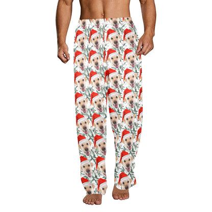 Custom Dog Men Pajamas Pants, Santa Hat Christmas Holidays Personalized PJ Pet Cat Funny Pockets Trousers Guys Family Matching Trousers