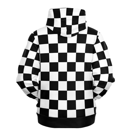 Checkered Hoodie, Black and White Check Racing Plaid Pullover Men Women Adult Aesthetic Graphic Cotton Hooded Sweatshirt with Pockets