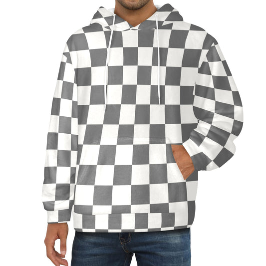 Checkered Flannel Hoodie, Brown Grey White Check Fleece Lined Heavyweight Pocket Men Women Unisex Graphic Hooded Sweatshirt Jacket
