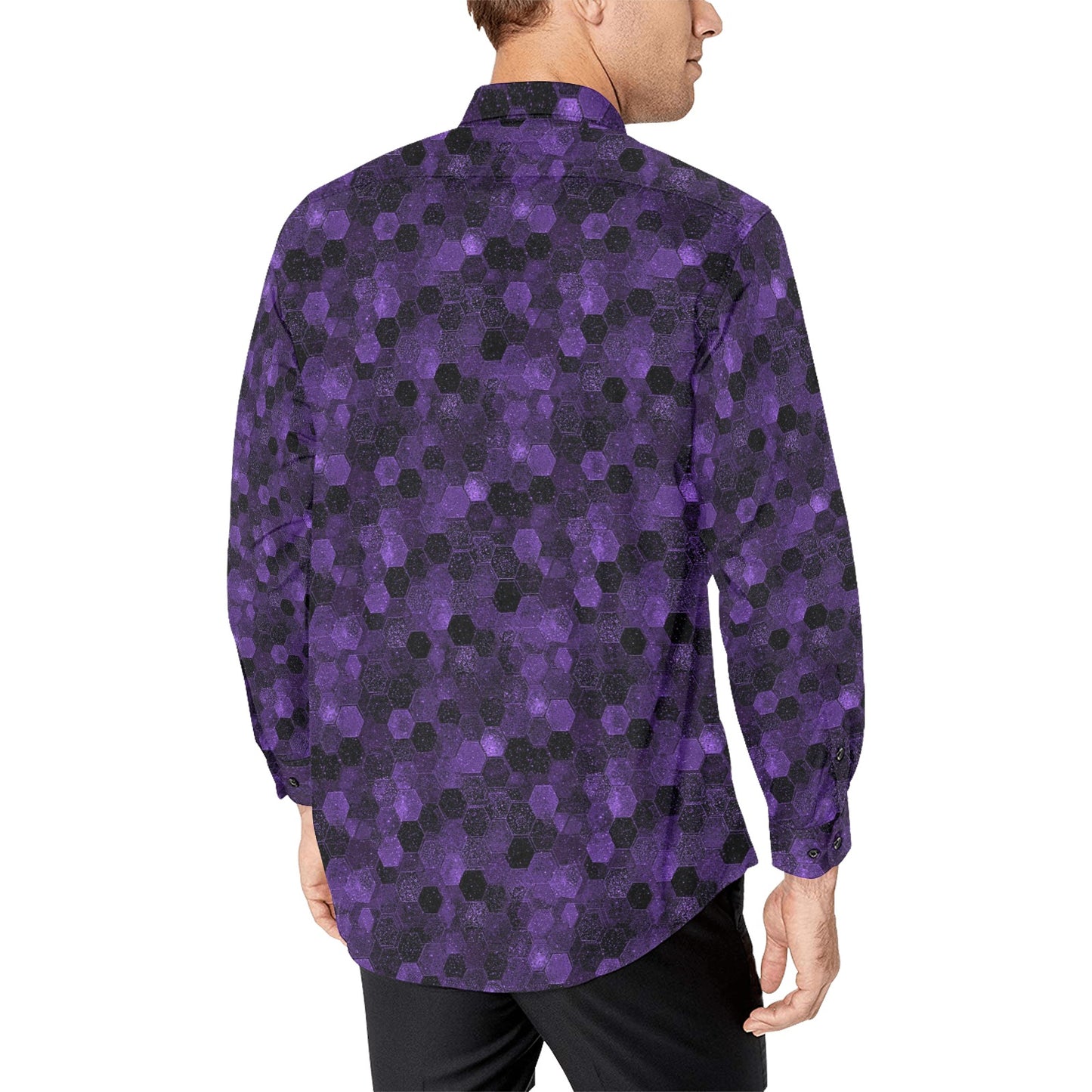 Black Purple Long Sleeve Men Button Up Shirt, Hexagonal Two Tone Combo Print Buttoned Collared Casual Dress Chest Pocket Guys Plus Size