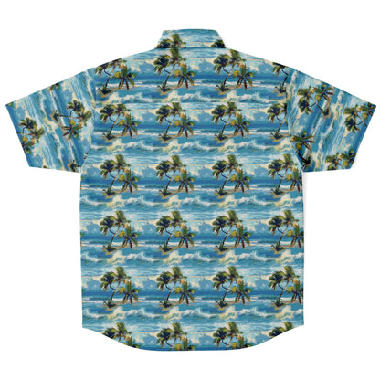 Palm Trees Men Button Up Shirt, Blue Ocean Beach Short Sleeve Print Ca Starcove Fashion Palm Trees Men Button Up Shirt, Blue Ocean Beach Short Sleeve Print Ca Starcove Fashion