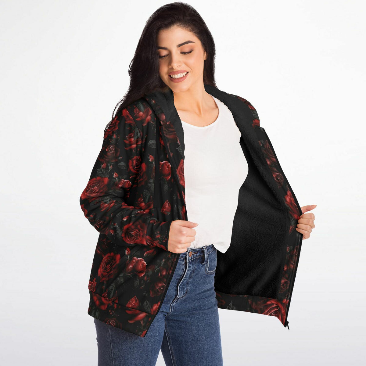 Red Roses Zip Up Fleece Lined Hoodie, Floral Flowers Sherpa Heavyweight Full Zipper Pocket Men Women Unisex Graphic Hooded Sweatshirt Jacket