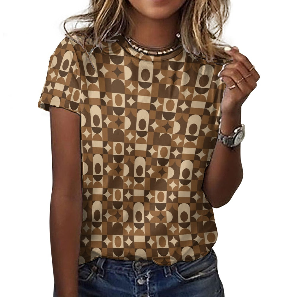 Mid Century Modern Women Cotton Tshirt, Brown Retro Vintage Ladies Female Designer Adult Graphic Aesthetic Fitted Crewneck Tee Shirt Top