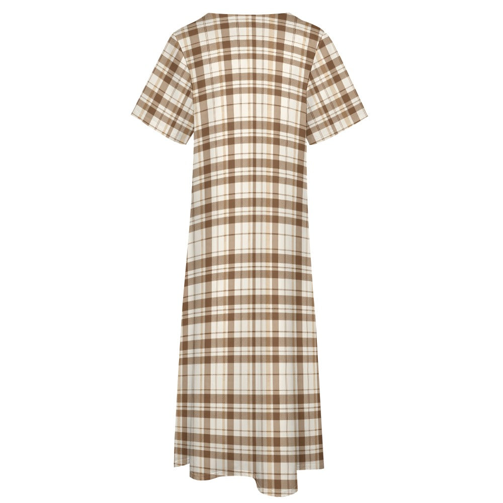 Brown Off White Plaid Women Maxi Dress, Tartan Check V-Neck Short Sleeve Evening Cocktail Ladies Handmade Designer Plus Size Outfit Pockets
