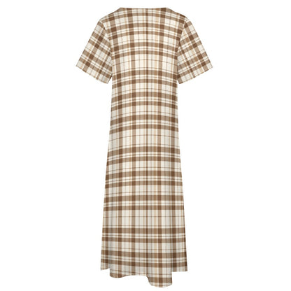 Brown Off White Plaid Women Maxi Dress, Tartan Check V-Neck Short Sleeve Evening Cocktail Ladies Handmade Designer Plus Size Outfit Pockets