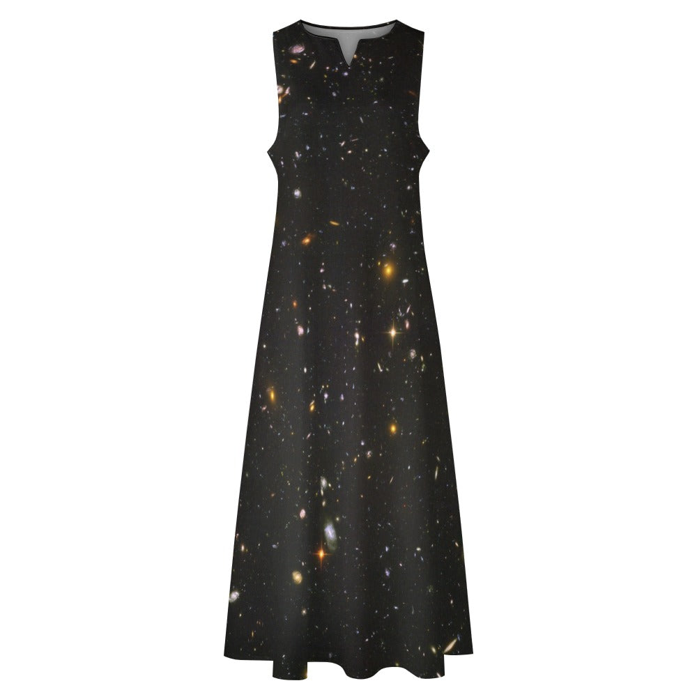 Galaxy Maxi Sleeveless Dress, Night Sky Print Black Space Star Constellation Fantasy Party Handmade Celestial Women Ladies Cocktail Pockets - Starcove Fashion