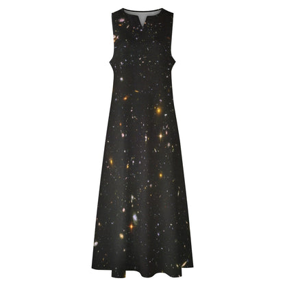 Galaxy Maxi Sleeveless Dress, Night Sky Print Black Space Star Constellation Fantasy Party Handmade Celestial Women Ladies Cocktail Pockets - Starcove Fashion