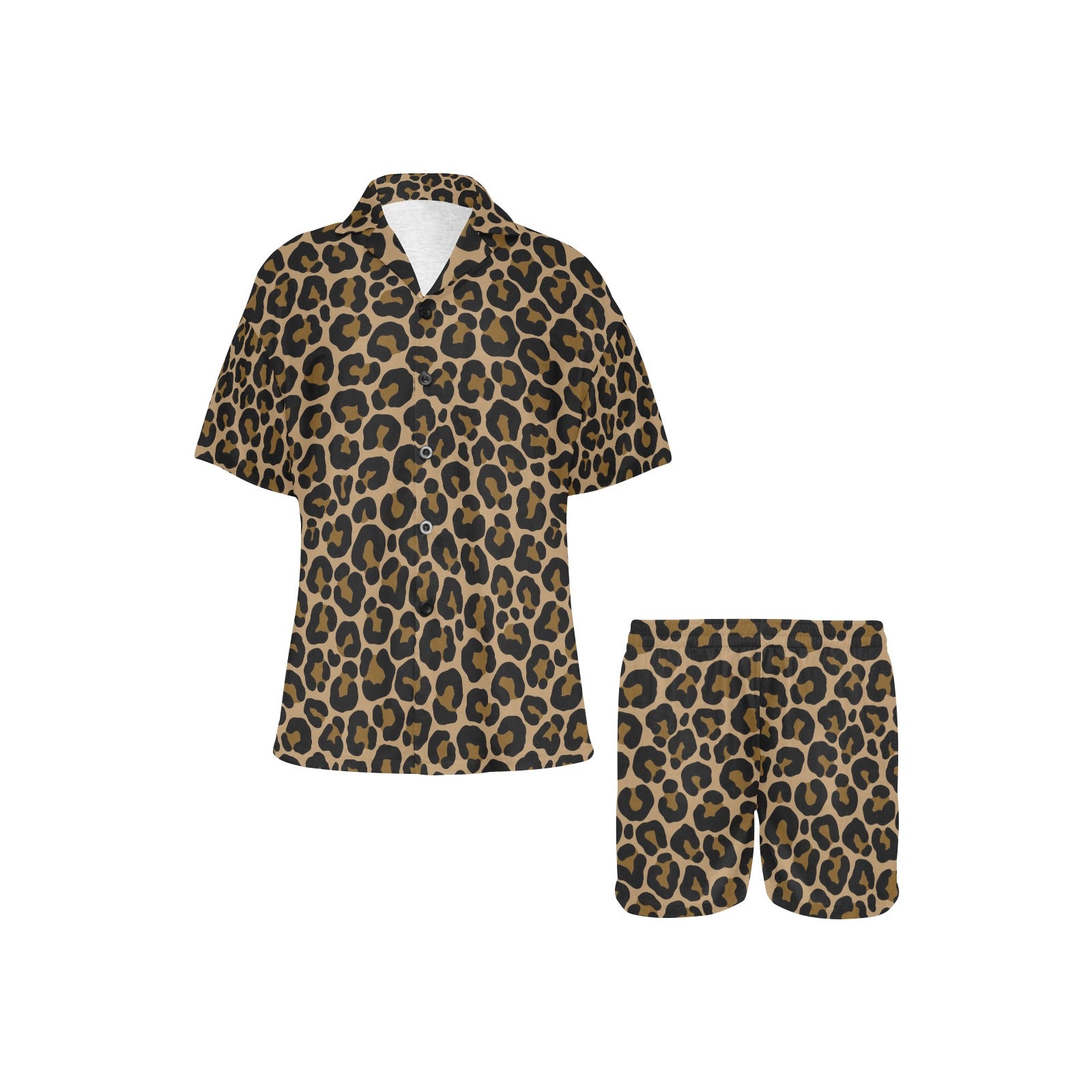 Leopard Pajamas Set, Animal Print Cheetah Lounge Sleepwear Short Sleeve Sleep Shirt Shorts Night Plus Size Summer Designer PJs Button Up - Starcove Fashion