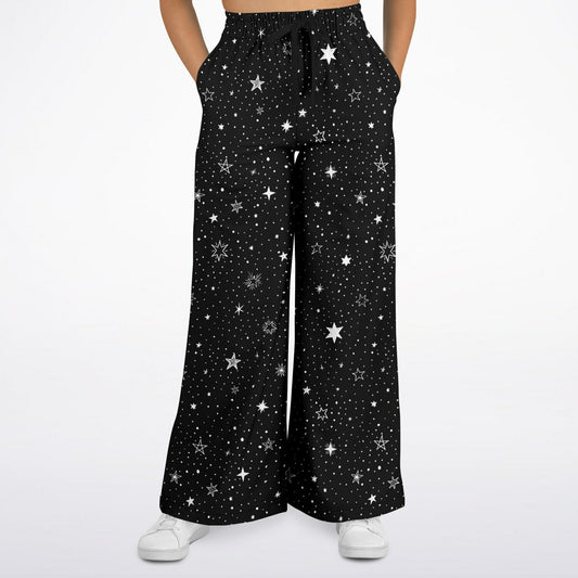 Stars Wide Leg Jogging Pants, Space Black White Flare Sweatpants Pockets Women Flared Sweats Cotton Fleece Ladies Joggers Loungewear