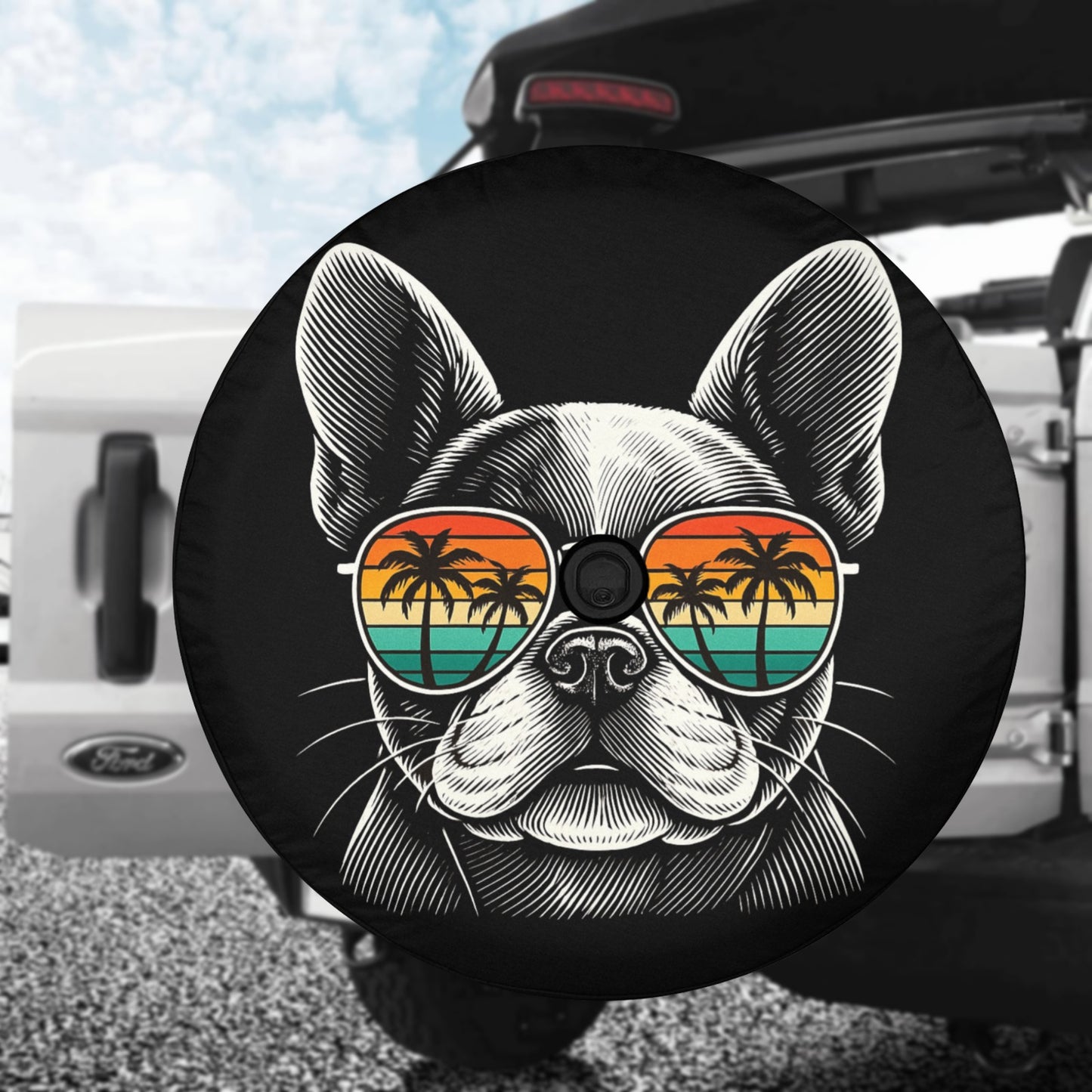 French Bulldog Dog Spare Tire Cover, Sunglasses Palm Tree Beach Puppy Backup Camera Hole Wheel Unique RV Back Cars Men Women Trailer Campers