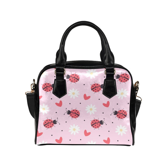 Ladybug Shoulder Purse, Cute Pink Daisy Floral Small Retro Vintage Vegan Leather Women Designer Handbag with Strap Crossbody Ladies Bag
