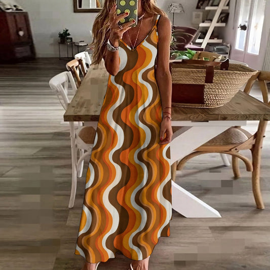 70s Wavy Stripes Maxi Dress, Retro Vintage Orange Long Spaghetti Straps Flowy Women Sleeveless Designer Plus Size Cocktail Party Summer