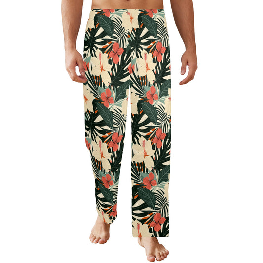 Tropical Leaf Men Pajamas Pants, Hawaiian Retro Floral Flowers Hibiscus Pattern PJ Pockets Sleep Guys Trousers Matching Bottoms Sleepwear