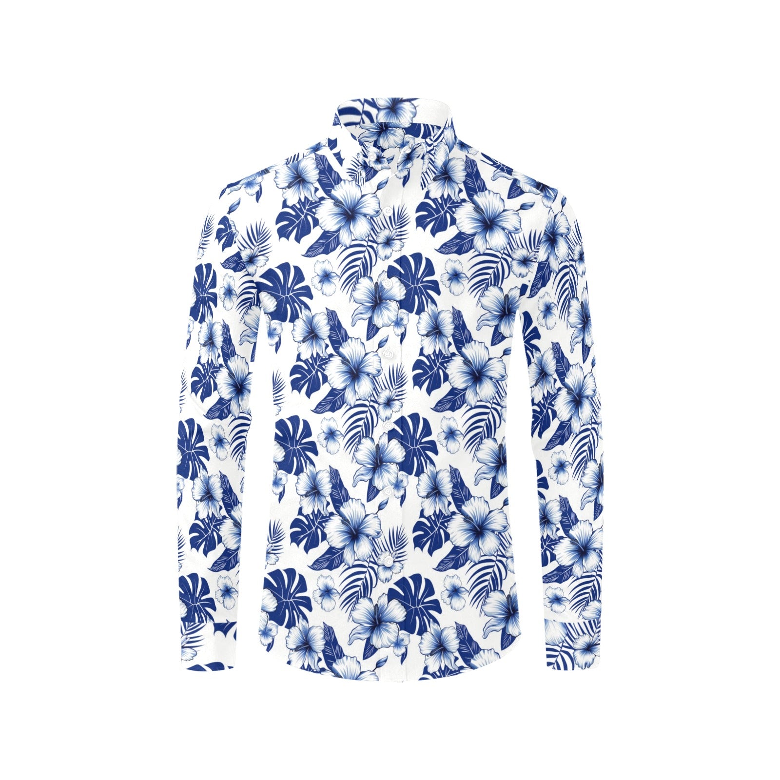 Blue White Hibiscus Long Sleeve Men Button Up Shirt, Navy Floral Flowers Tropical Print Male Guys Buttoned Down Collar Casual Dress Shirt S Blue White Hibiscus Long Sleeve Men Button Up Shirt, Navy Floral Flowers Tropical Print Male Guys Buttoned Down Collar Casual Dress Shirt S