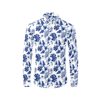 Blue White Hibiscus Long Sleeve Men Button Up Shirt, Navy Floral Flowers Tropical Print Male Guys Buttoned Down Collar Casual Dress Shirt