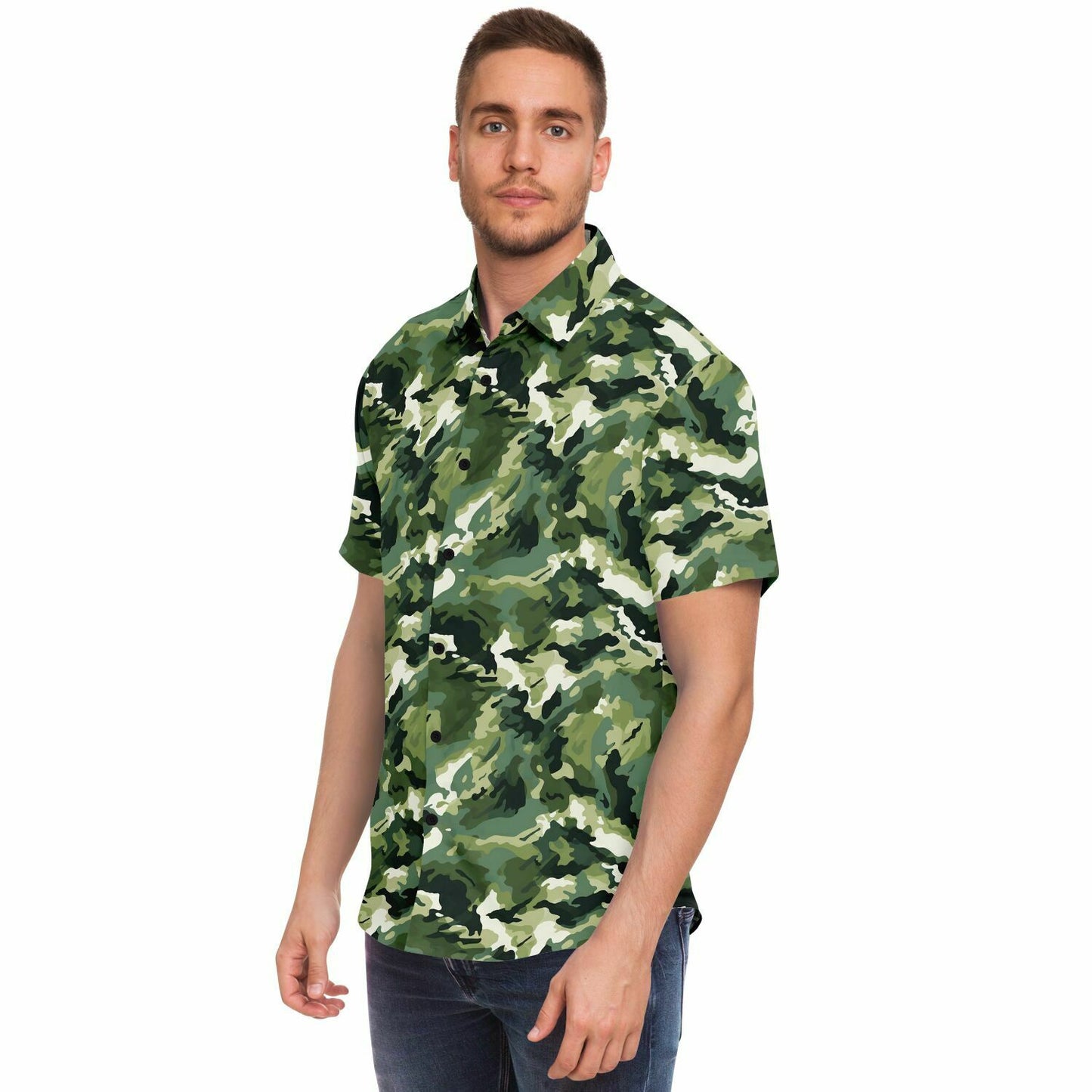Green Short Sleeve Men Button Up Shirt, Brush Strokes Camo Camouflage Print Casual Buttoned Down Summer Collared Dress Shirt