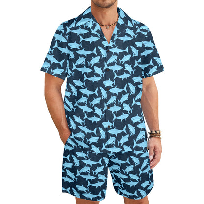 Great White Shark Shirt Shorts Outfit Set Men, Blue Marine Animal Matching Cabana Hawaiian Beach Male Summer Short Sleeve Button Up Down