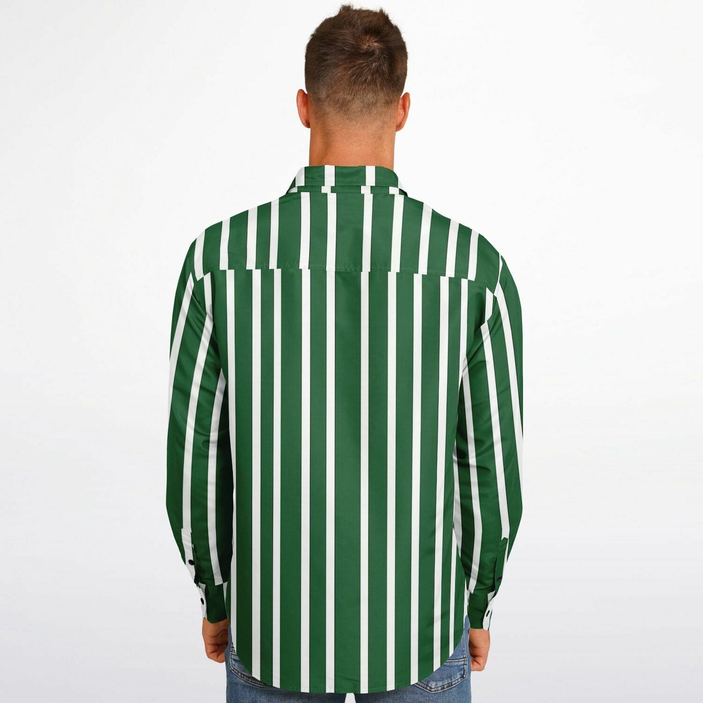 Green White Striped Long Sleeve Men Button Up Shirt, Vertical Stripes Guys Male Print Buttoned Down Collared Graphic Casual Dress Plus Size