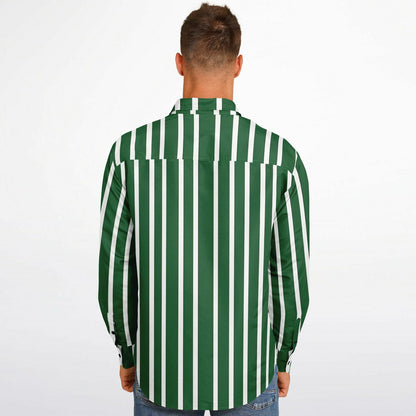 Green White Striped Long Sleeve Men Button Up Shirt, Vertical Stripes Guys Male Print Buttoned Down Collared Graphic Casual Dress Plus Size
