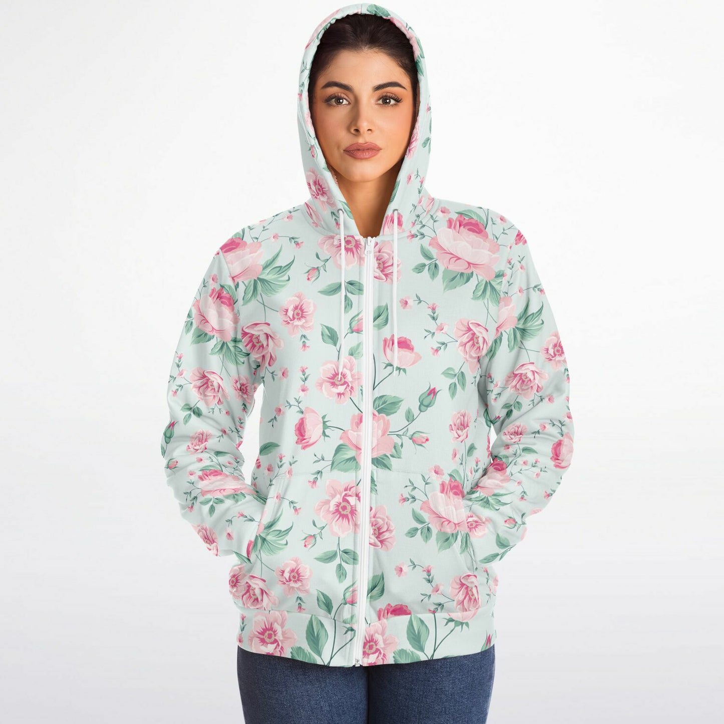 Pink Green Floral Zip Up Fleece Lined Hoodie, Flowers Peony Blossom Heavyweight Full Zipper Pocket Men Women Unisex Hooded Sweatshirt Jacket