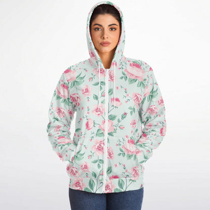 Pink Green Floral Zip Up Fleece Lined Hoodie, Flowers Peony Blossom Heavyweight Full Zipper Pocket Men Women Unisex Hooded Sweatshirt Jacket