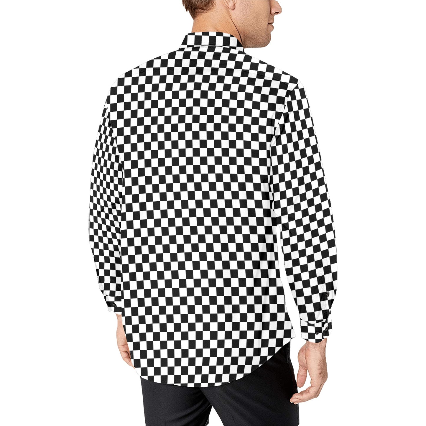 Checkered Long Sleeve Men Button Up Shirt, Check Black White Racing Checkerboard Print Buttoned Collared Guys Male Casual Dress Chest Pocket