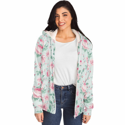 Pink Green Floral Zip Up Fleece Lined Hoodie, Flowers Peony Blossom Heavyweight Full Zipper Pocket Men Women Unisex Hooded Sweatshirt Jacket