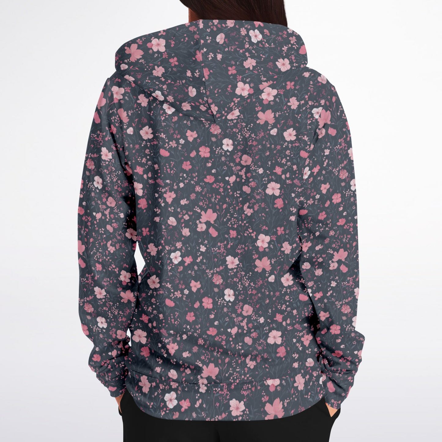 Floral Pink Zip Up Hoodie, Ditsy Flowers Full Zipper Pocket Men Women Unisex Adult Aesthetic Graphic Cotton Fleece Hooded Sweatshirt