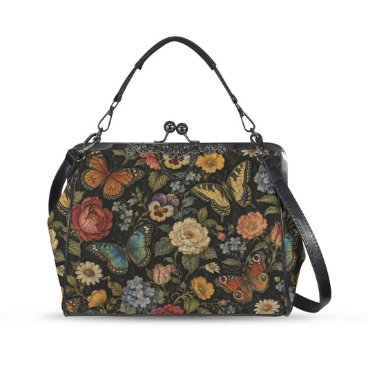 Monarch Butterfly Flowers Kiss Lock Purse Handbag, Floral Retro Print Vegan Leather Vintage Designer Shoulder Crossbody Top Handle Clasp Bag
