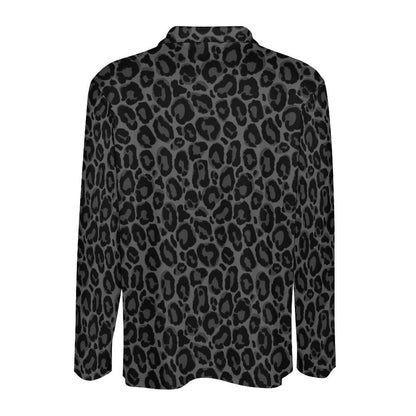 Black Leopard Men Long Sleeve Polo Shirt, Animal Print Grey Slim Fit Sleeve Collared Casual Buttoned Down Up Sports Golf Tee Top Plus Size