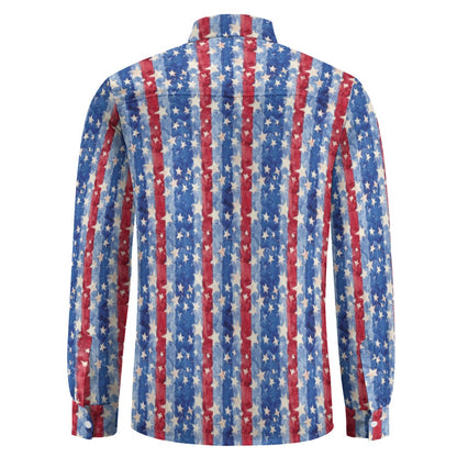 Red White Blue Stripes Stars Long Sleeve Men Button Up Shirt, America Flag Guys Print Buttoned Down Collared Casual Dress Shirt Chest Pocket