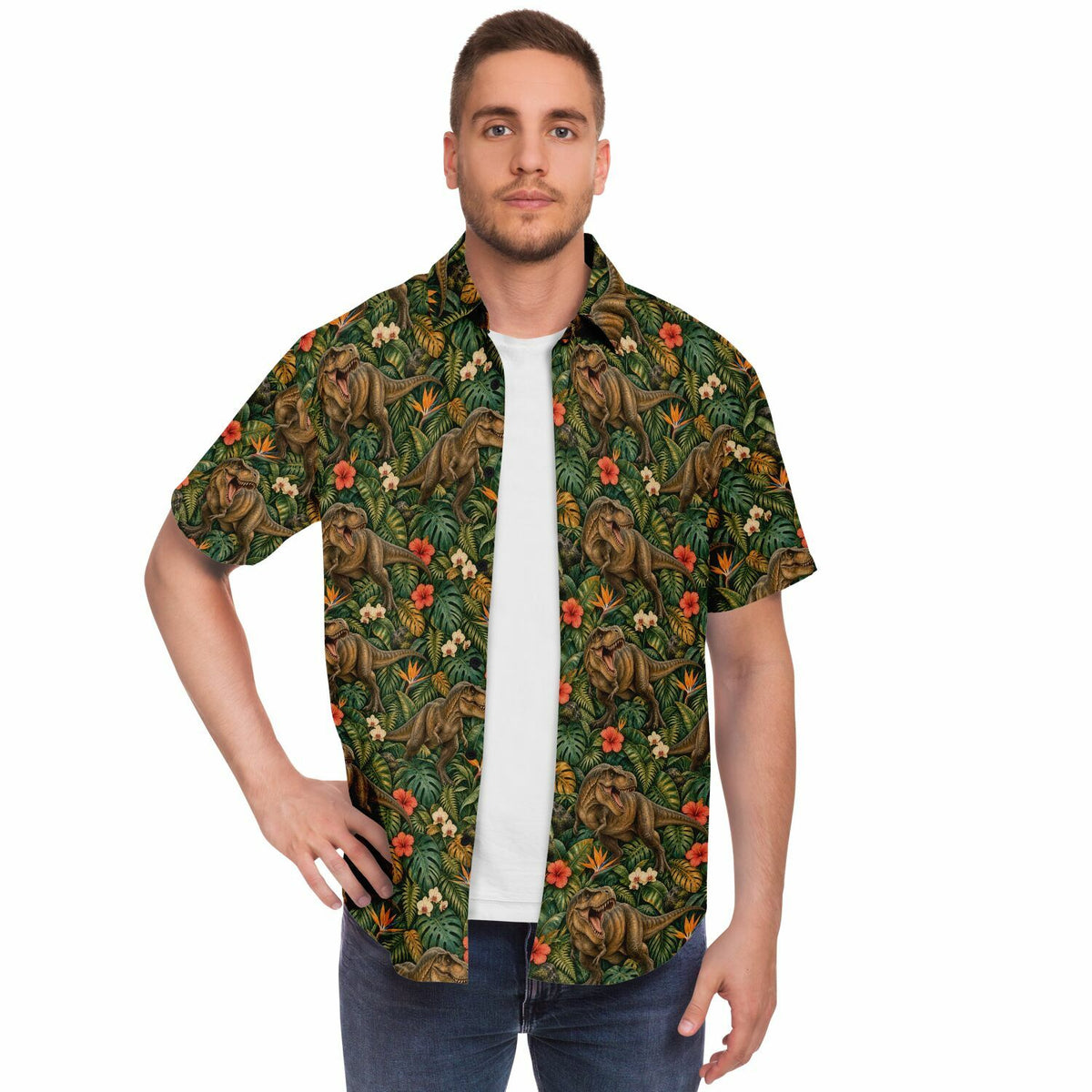 Dinosaur Men Button Up Shirt, T-Rex Dino Jungle Park Short Sleeve Print Casual Buttoned Down Summer Male Guys Collared Designer Dress copy