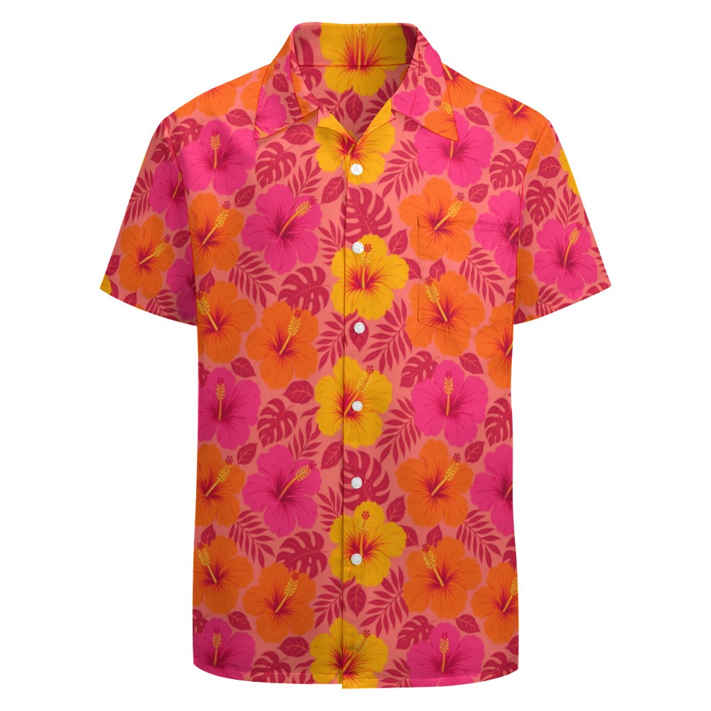 Hibiscus Tropical Men Button Up Shirt, Pink Orange Yellow Short Sleeve Casual Buttoned Down Summer Male Guys Collared Designer Festival