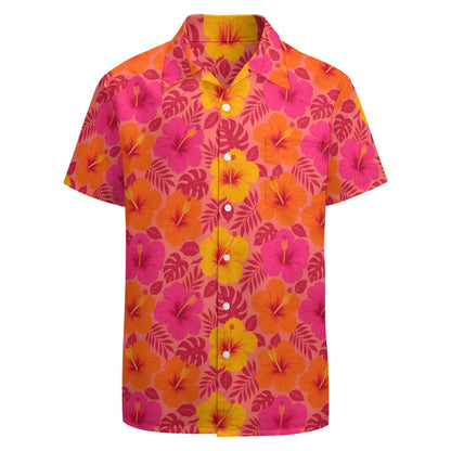 Hibiscus Tropical Men Button Up Shirt, Pink Orange Yellow Short Sleeve Casual Buttoned Down Summer Male Guys Collared Designer Festival