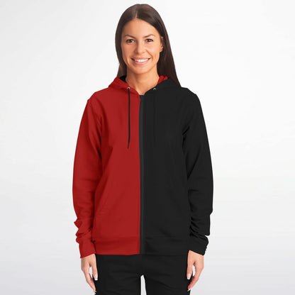 Half Black Half Red Zip Up Hoodie, Two Tone Color Split Full Zipper Pocket Men Women Unisex Adult Graphic Cotton Fleece Hooded Sweatshirt