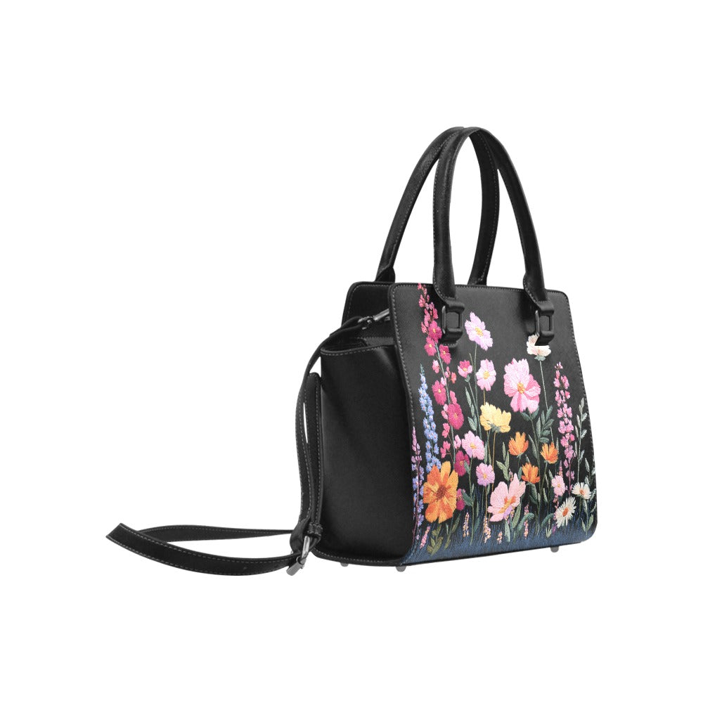 Floral Purse Handbag, Pink Purple Flowers Faux Embroidery Vegan Leather Designer Women Ladies Female Tote Top Zip Handle Bag Shoulder Strap