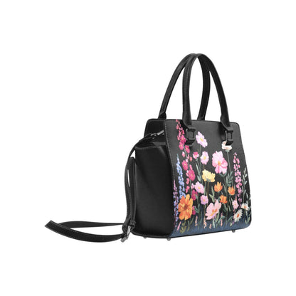 Floral Purse Handbag, Pink Purple Flowers Faux Embroidery Vegan Leather Designer Women Ladies Female Tote Top Zip Handle Bag Shoulder Strap