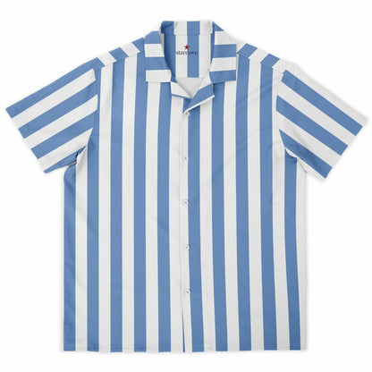 Blue White Striped Men Button Down Shirt, Beach Spread Collar Short Sleeve Guys Casual Print Buttoned Up Plus Size Unisex