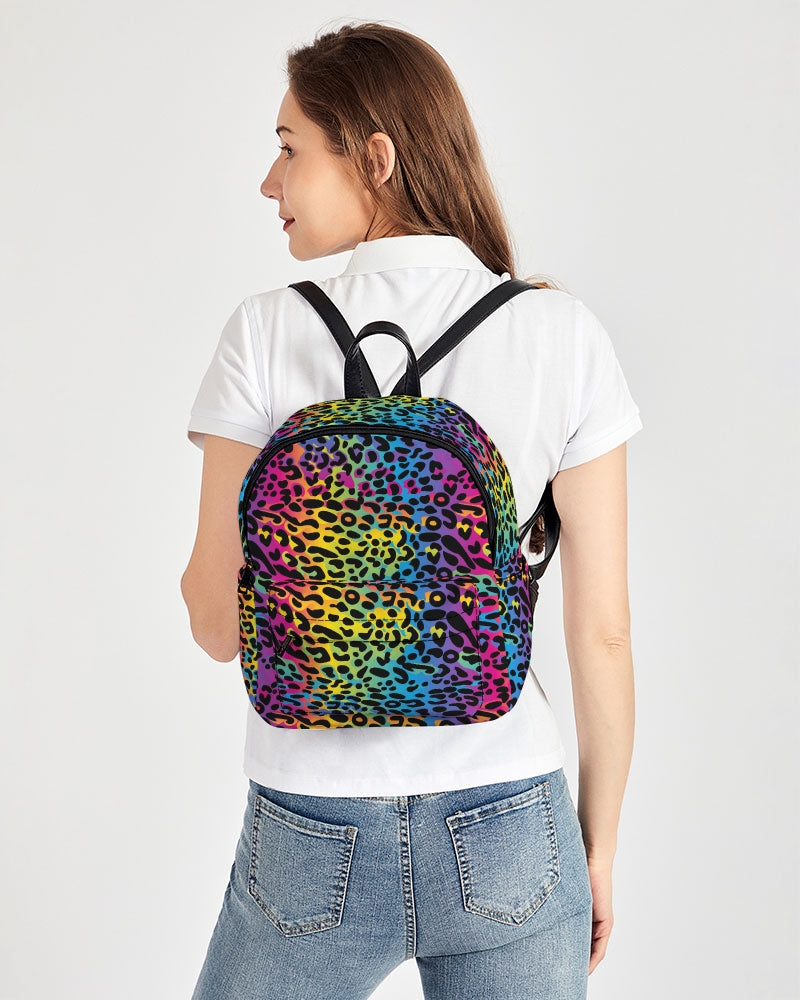 animal print mini backpack Rainbow Leopard Mini Backpack, Animal Print Women Men Ladies Purse Books School College Canvas Side Pockets Aesthetic Bag Leather Handles
