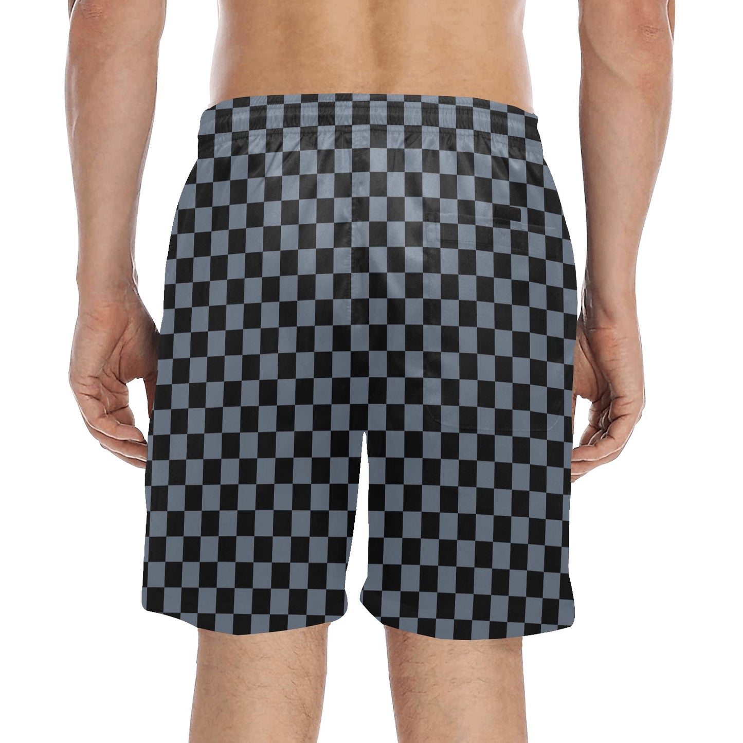 Black Grey Checkered Men Swim Trunks, Gray Check Mid Length Shorts Beach Pockets Mesh Lining Drawstring Male Bathing Suit Plus Size Swimwear