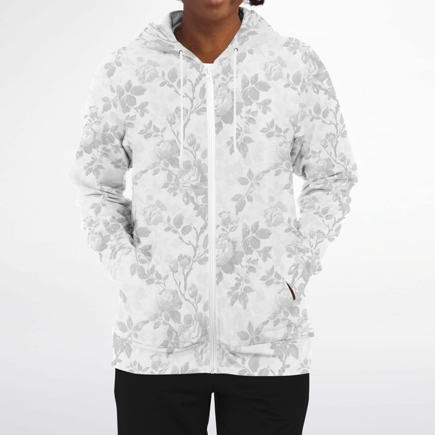 White Floral Zip Up Hoodie, Flowers Full Zipper Pocket Men Women Unisex Adult Aesthetic Graphic Cotton Fleece Hooded Sweatshirt - Starcove Fashion