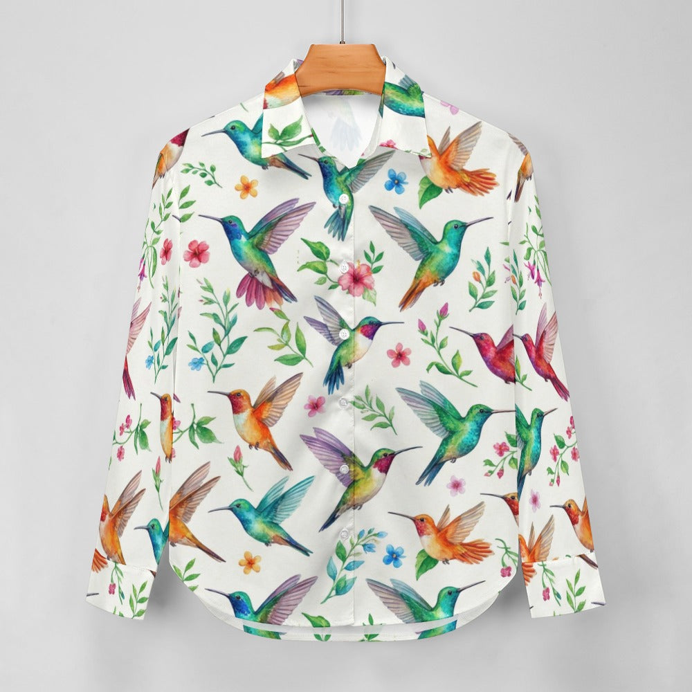 Hummingbird Long Sleeve Shirt Women, Bird Animal Button Up Ladies Blouse Print Buttoned Down Collared Casual Dress Going Out Top - Starcove Fashion