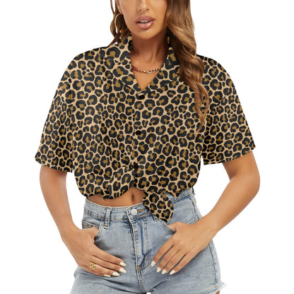 Leopard Women Hawaiian shirt, Animal Print Cheetah Brown Summer Tropical Print Vintage Hawaii Aloha Button Up Down Plus Size Ladies Blouse - Starcove Fashion